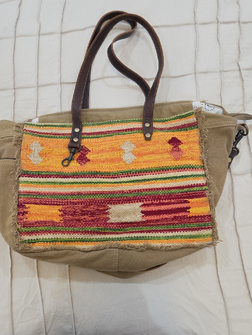 Myra Bag Multicolor Woven Panel Tote with Brown Handles